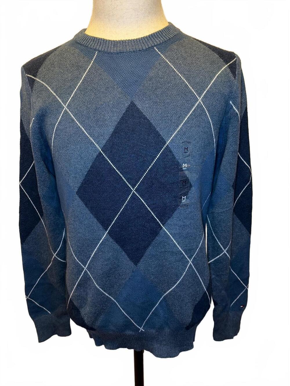 Tommy Hilfiger Men's Blue Argyle Cotton Sweater M NWT Preppy Ivy Dark Academia